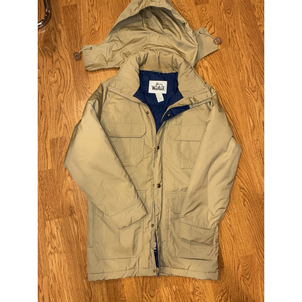 VTG Woolrich Beige Tan Parka Field Jacket Lined Removable Hood USA Made Men's Sm